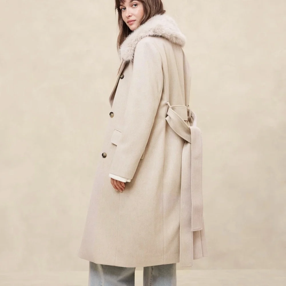 NWT XL Banana Republic Factory Cream Trench Coat with Fur Collar - Picture 3 of 5